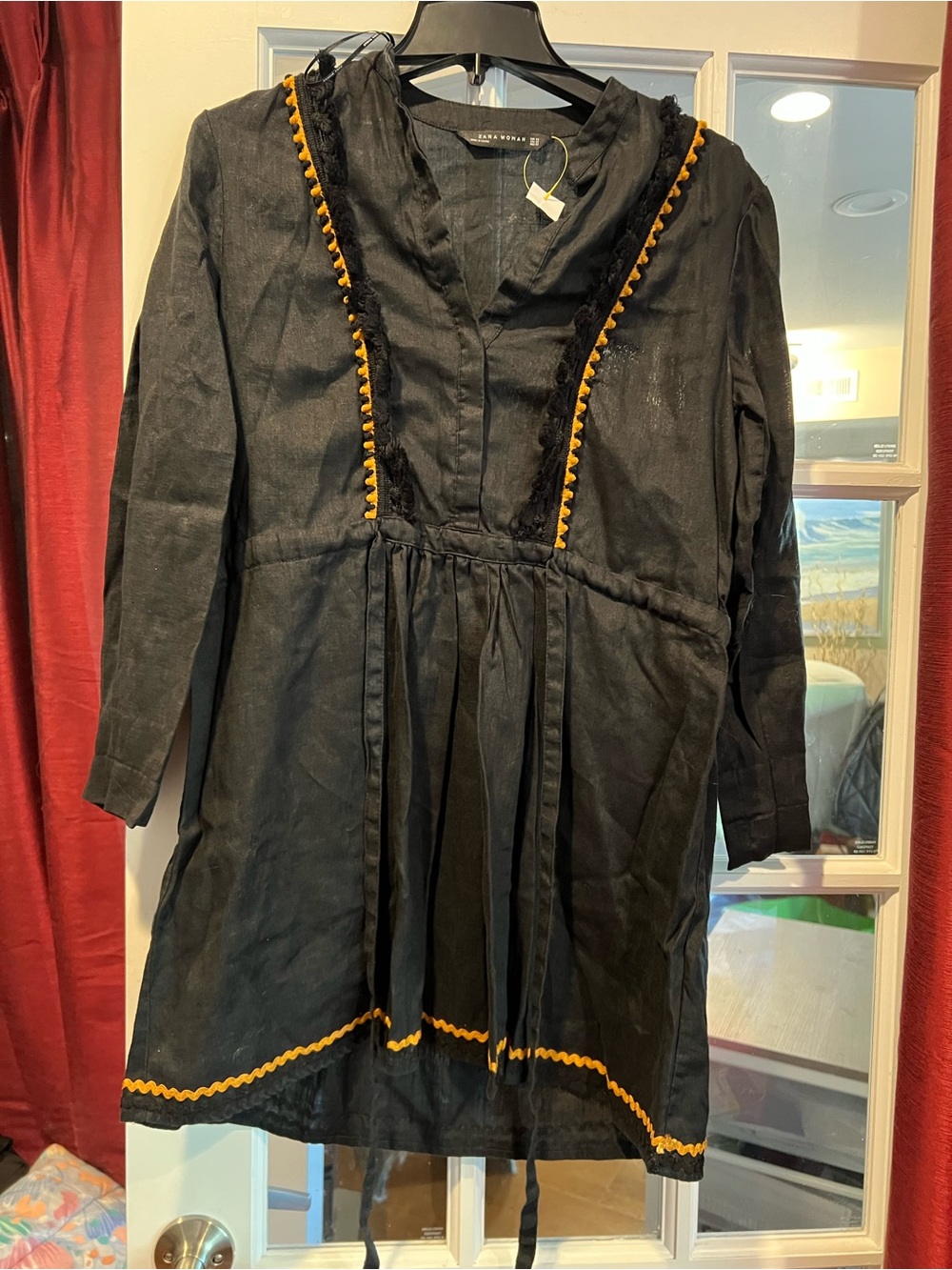 Zara Black Mini linen Dress with Yellow Trim